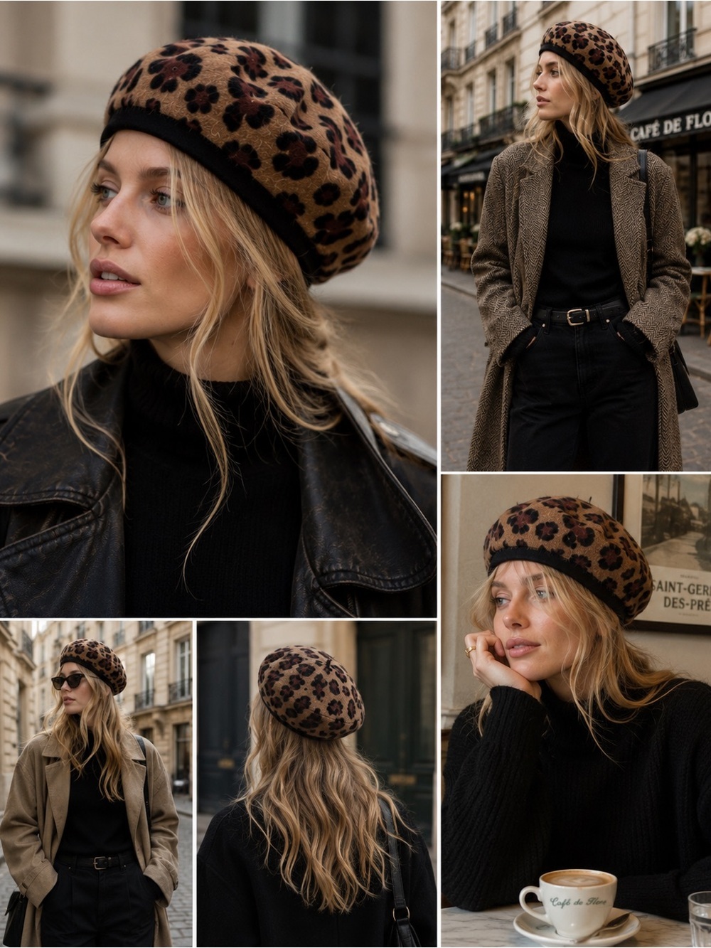 C.C Exclusives Leopard Print Wool Blend Beret Hat | French Parisian Style | One